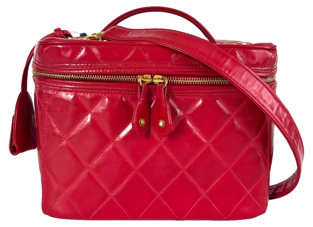 Chanel Vintage Vanity Case, Red Quilted Lambskin, pre-owned designer handbag, Very good vintage